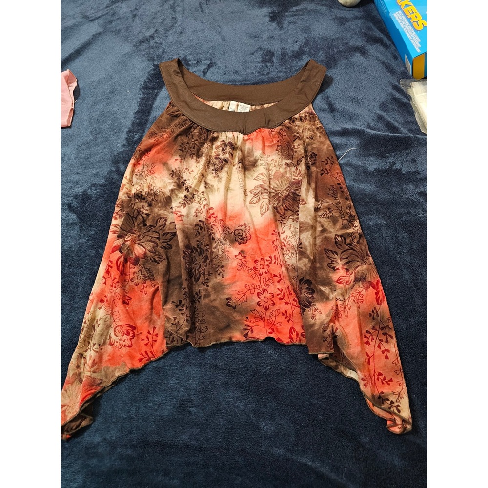 Sami + Jo Womens XL Floral Sharkbite Hem Sleeveless Blouse Orange Brown Boho Top
